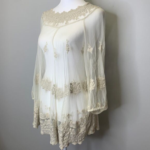 XCVI‎ Womens Mesh Floral Tunic Embroidered Sheer Beige Boho Fairy Cottage Core - Picture 1 of 13